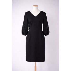 Talbots Black Ponte Knit Sheath Dress Lace Sleeve Petite 4P Career Work